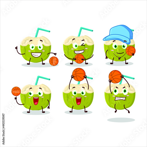 Talented green coconut drink cartoon character as a basketball athlete. Vector illustration