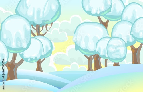 Landscape with ice cream on chocolate sticks. Childrens picture background. Cartoon style. Snow drifts. Cold winter dream land. Refreshing sweets and drips. Vector