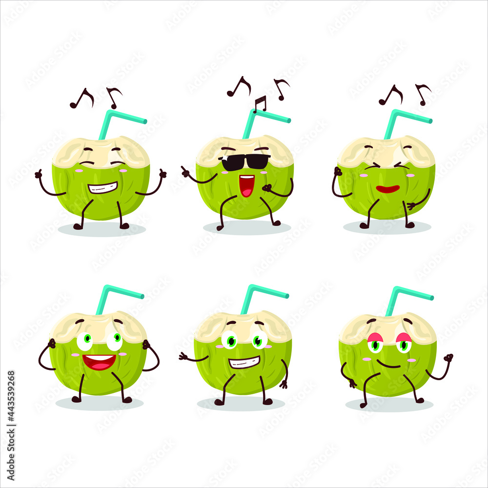 An image of green coconut drink dancer cartoon character enjoying the music. Vector illustration An image of green coconut drink dancer cartoon character enjoying the music. Vector illustration