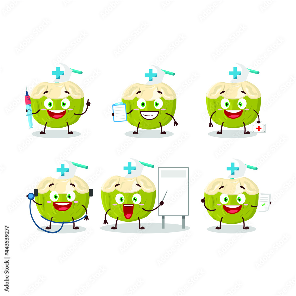 Obraz premium Doctor profession emoticon with green coconut drink cartoon character. Vector illustration