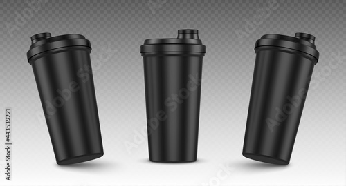 Protein shaker, cup for sports nutrition, gainer or whey shake drink front view. Plastic black bottle, mixer for gym fitness, bodybuilding isolated on transparent background Realistic 3d vector mockup