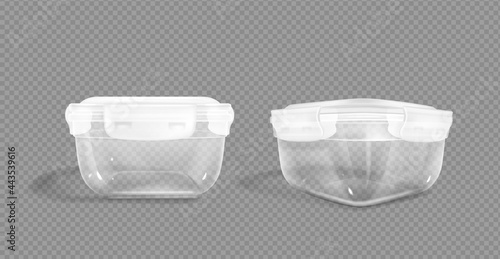 Plastic food containers with clipping path and latch lock lids. Storage for frozen products, closed lunchbox for meal, isolated packages front and angle view, Realistic 3d vector mock up, clip art
