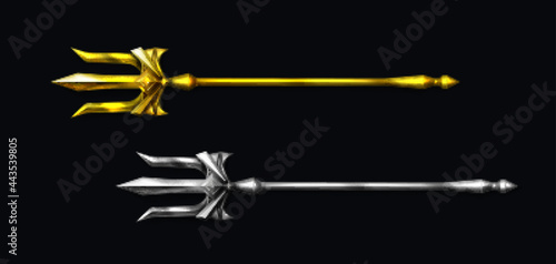 Gold and silver trident, devil pitchfork isolated on black background. Vector realistic set of mythology weapon of greek god Poseidon, Triton or Neptune. Demon tridental spear