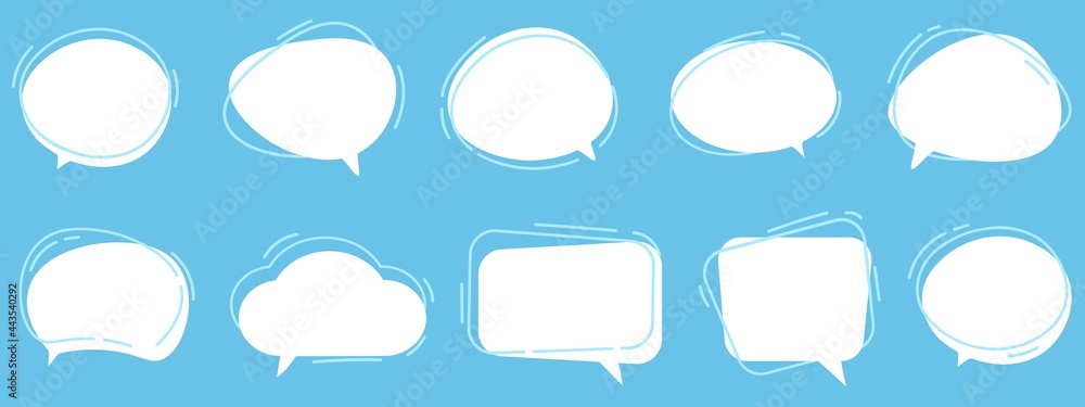 Set of speech bubbles. Dialog box icon, message template. White clouds for text, lettering. Different shape of empty balloons for talk on blue background. Flat illustration Set of speech bubbles. Dialog box icon, message template. White clouds for text, lettering. Different shape of empty balloons for talk on blue background. Flat illustration