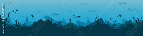 Fototapeta Naklejka Na Ścianę i Meble -  Silhouette of coral reef with fish and scuba diver on a blue sea background. Underwater marine wildlife. Nature vector illustration.