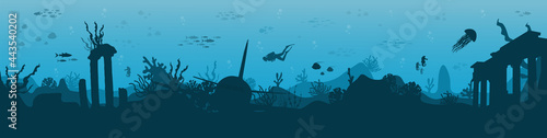 Silhouette of coral reef with fish and scuba diver on a blue sea background. Underwater marine wildlife. Nature vector illustration.