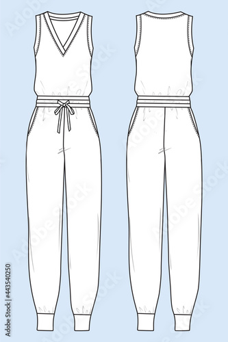 V-neck Sleeveless Women’s Jumpsuit overall technical fashion sketch vector template front and back view.