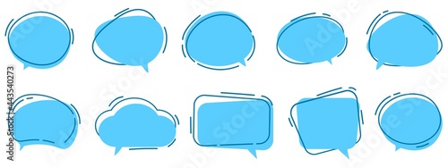 Set of speech bubbles. Dialog box icon, message template. Blue clouds for text, lettering. Different shape of empty balloons for talk on isolated background. Flat illustration