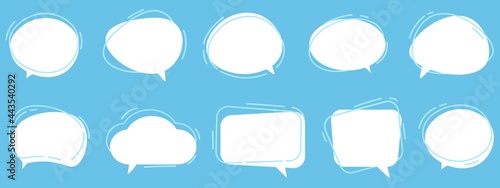 Set of speech bubbles. Dialog box icon, message template. White clouds for text, lettering. Different shape of empty balloons for talk on blue background. Flat illustration