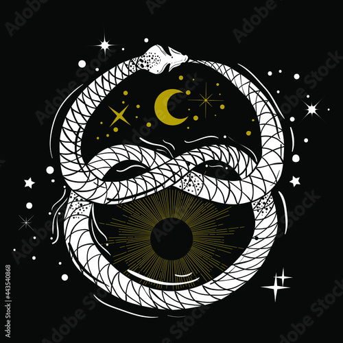 Tattoo art style illustration of egyptian symbol uroboros. Snake biting itself by the tail