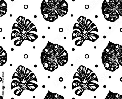 Tropical pattern with black liana and monstera leaves with folk pattern on white background with dots. Natural monochrome vector texture with foliage. Jungle wallpaper with tribal decoration.