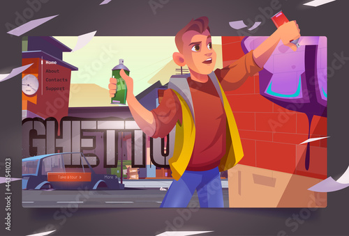 Graffiti painter in ghetto cartoon landing page. Boy teenager painting on brick wall with aerosol in cityscape with broken car. Vandalism or creative hobby occupation, vector web banner