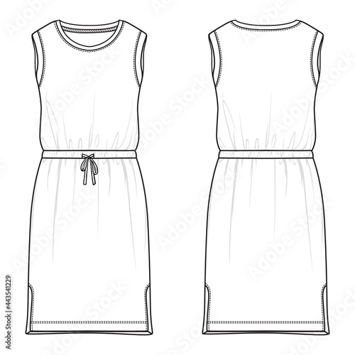 Sleeveless long oversized body knee length skirt For women’s.  fashion Dress design Overall Technical sketch vector template for ladies. Modern stylish dress design mock-up.