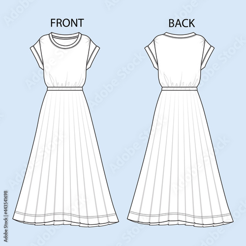 Women’s long dress technical fashion sketch with round neck, cape-effect, ankle floor length, A-line fullness overall Fashion Technical Sketch vector Template for Women's. Female's Modern dress.