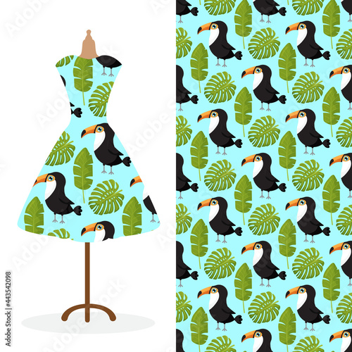 Womens long dress mock up with bright seamless hand drawn pattern for textile, paper print. 