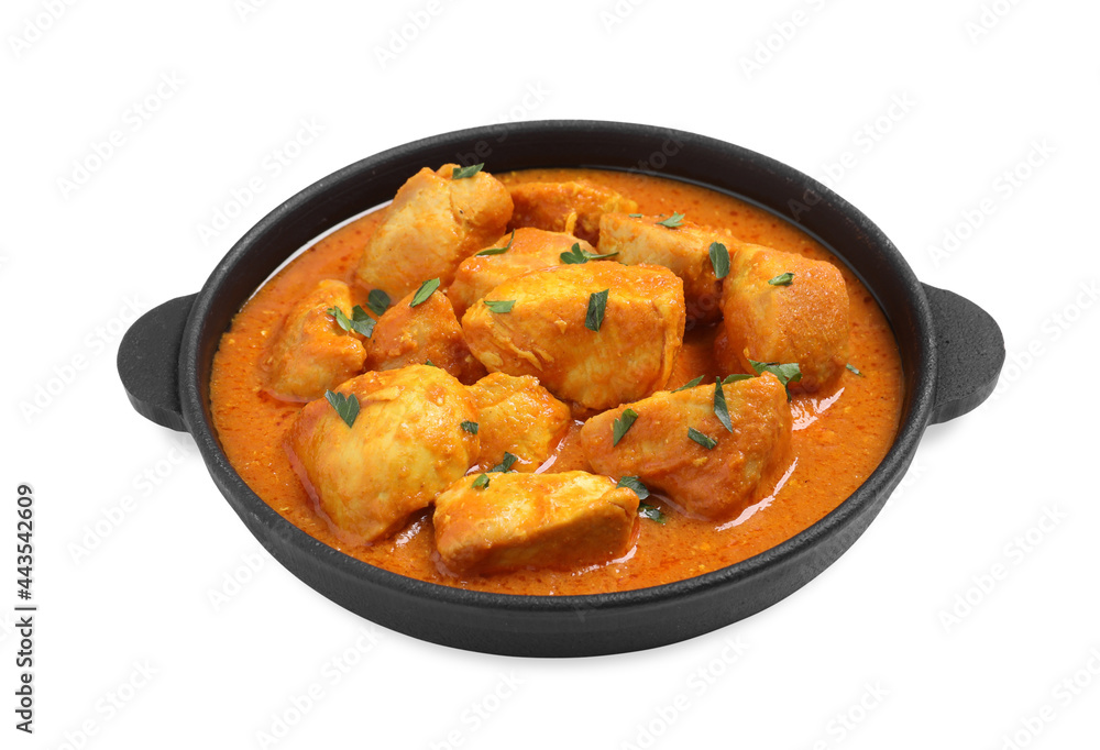 Delicious chicken curry in pan on white background Delicious chicken curry in pan on white background
