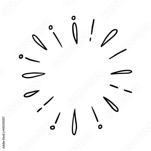 Line doodle ray, sparkle, sunburst. Hand drawn sketch style sunshine, starburst. Vector illustration.