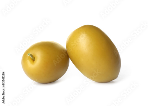 Ripe raw green olives on white background