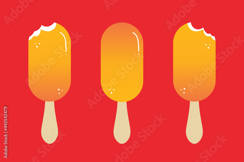 Set, collection of cute orange creamsicles, popsicles, ice cream on stick, whole and with bite marks.