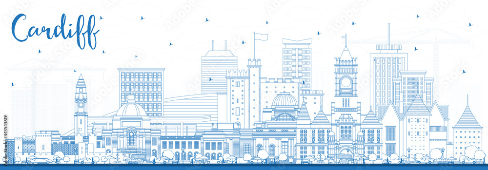 Outline Cardiff Wales City Skyline with Blue Buildings.