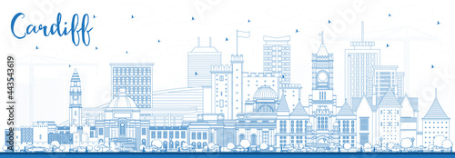 Outline Cardiff Wales City Skyline with Blue Buildings.
