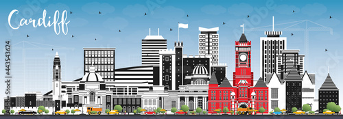 Cardiff Wales City Skyline with Color Buildings and Blue Sky.