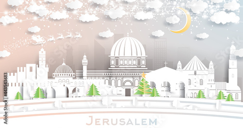 Jerusalem Israel City Skyline in Paper Cut Style with White Buildings, Moon and Neon Garland.