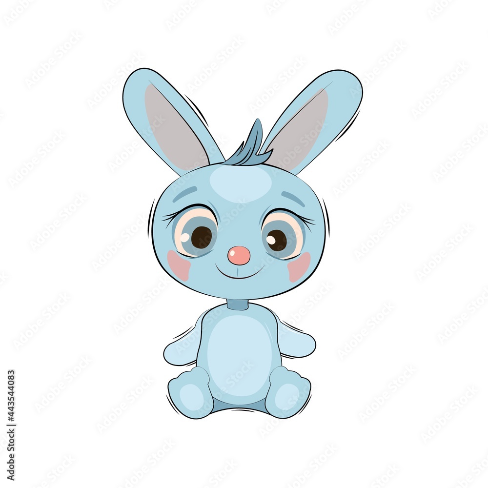 Little baby hare, rabbit. Isolated object on a white background. Cheerful kind animal child. Cartoons flat style. Funny. Vector