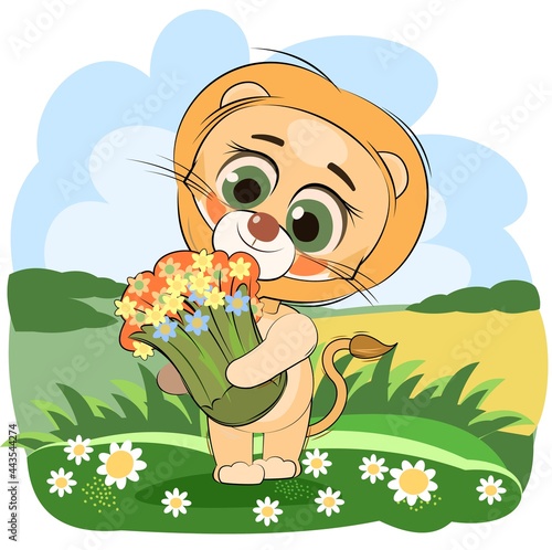 Little lion cub. Isolated object on a white background. Cheerful kind animal child. Cartoons flat style. Funny. Vector