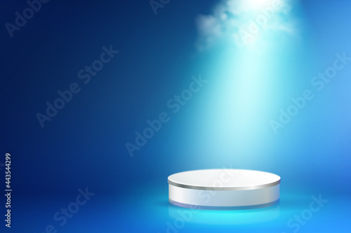 Winner Podium on blue Background. The stage shines a spotlight on the podium. Eps realistic file.