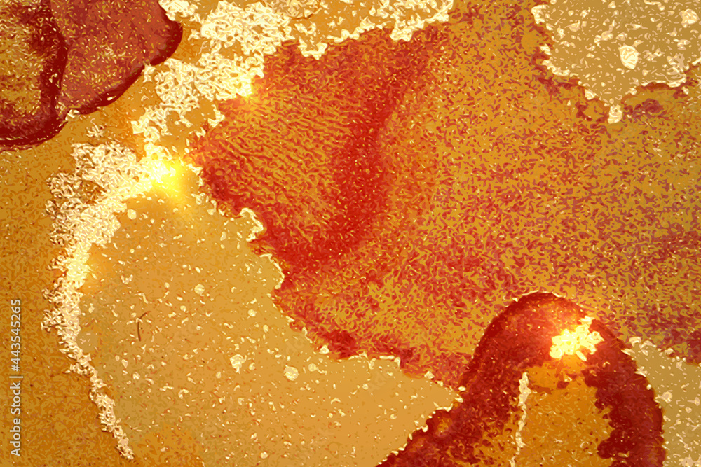 Amber, red and gold abstract marble pattern with sparkles. Vector background in alcohol ink technique with glitter. Template for banner, poster design. Fluid art painting