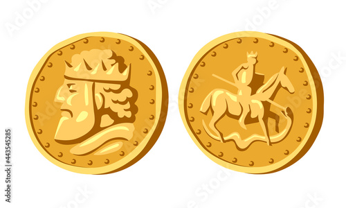 medieval ancient coin with the profile of a king, a spearman on a horse, obverse and reverse, numismatic hobby, color vector illustration isolated on a white background in a cartoon and flat design photo