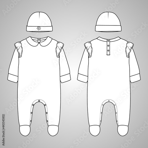 Baby bodysuit and Cap Technical Fashion sketch vector fashion template Front And back view. Modern Stylish Kids Dress design illustration. Easy edit and customizable.