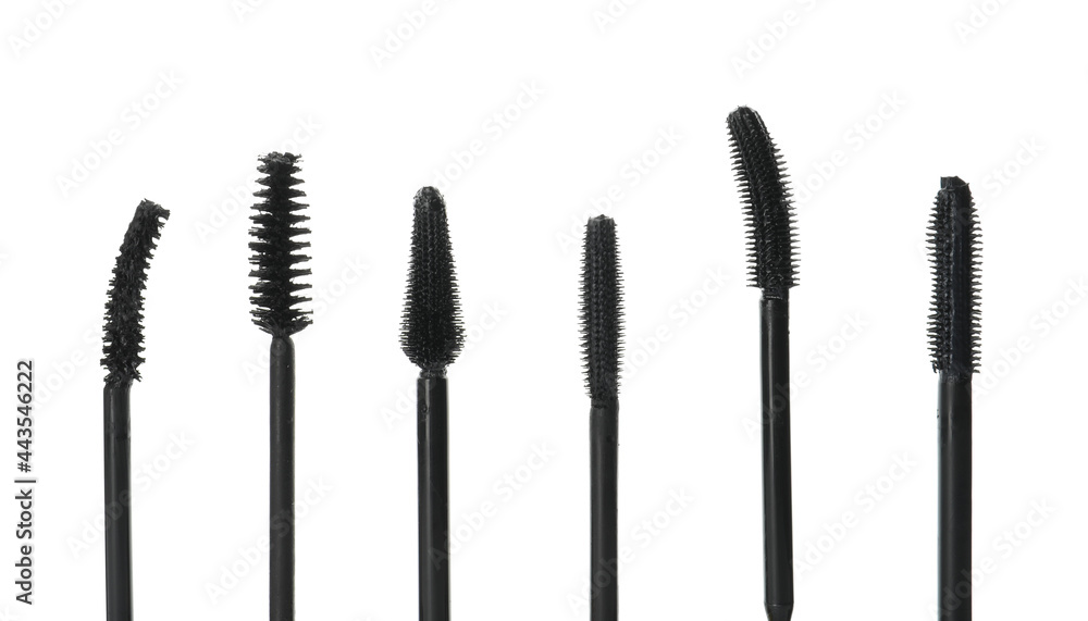 Many mascara wands for eyelashes on white background. Makeup product Many mascara wands for eyelashes on white background. Makeup product