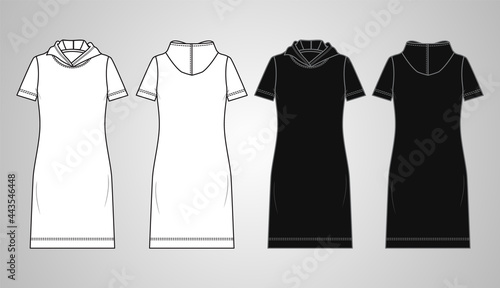 Hoodie short sleeve oversized body long knee length. Technical fashion sketch template for women's White and black View. Vector Art Drawing illustration eps 10.Easy edit and customizable.