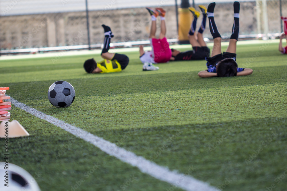 Soccer ball tactics on grass field with children warm up Soccer ball tactics on grass field with children warm up