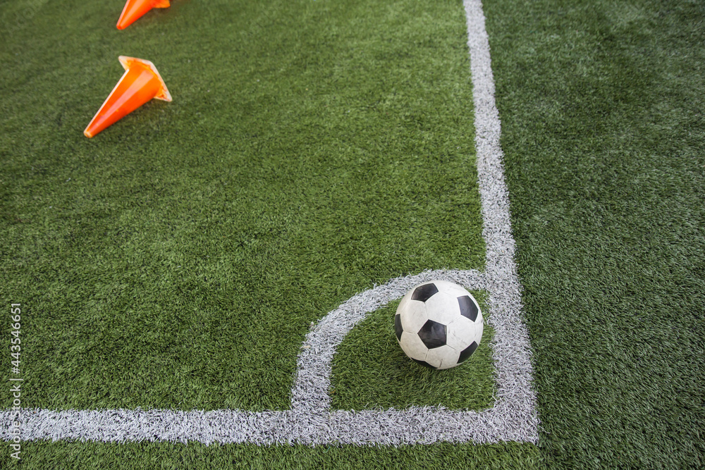 Soccer ball tactics on grass field with cone Soccer ball tactics on grass field with cone