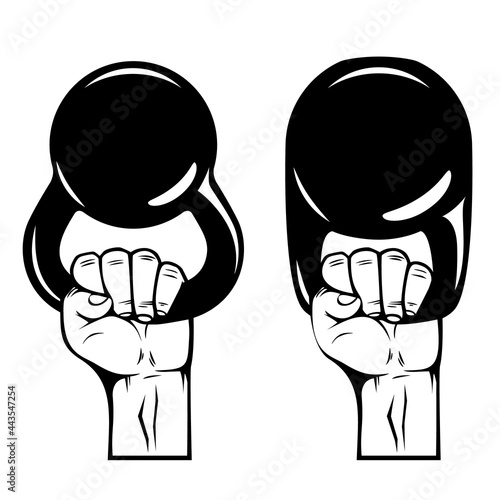 Athlete hand with kettlebell. Design element for poster, card, banner, sign. Vector illustration