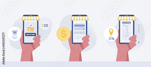 Hand holding mobile smart phone with app delivery tracking. online shopping app.  vector illustrator