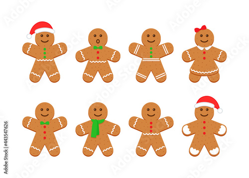Gingerbread man and woman. Classic Christmas cookies. Xmas biscuit isolated on white background. Vector illustration. Noel holiday sweet dessert. Cute ginger bread character in flat cartoon design.