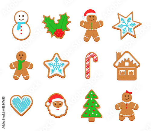 Christmas Gingerbread cookies. Classic Xmas biscuits. Cute ginger bread men, tree, santa, holly, snowman and heart. Noel holiday sweet dessert isolated on white background. Vector illustration.