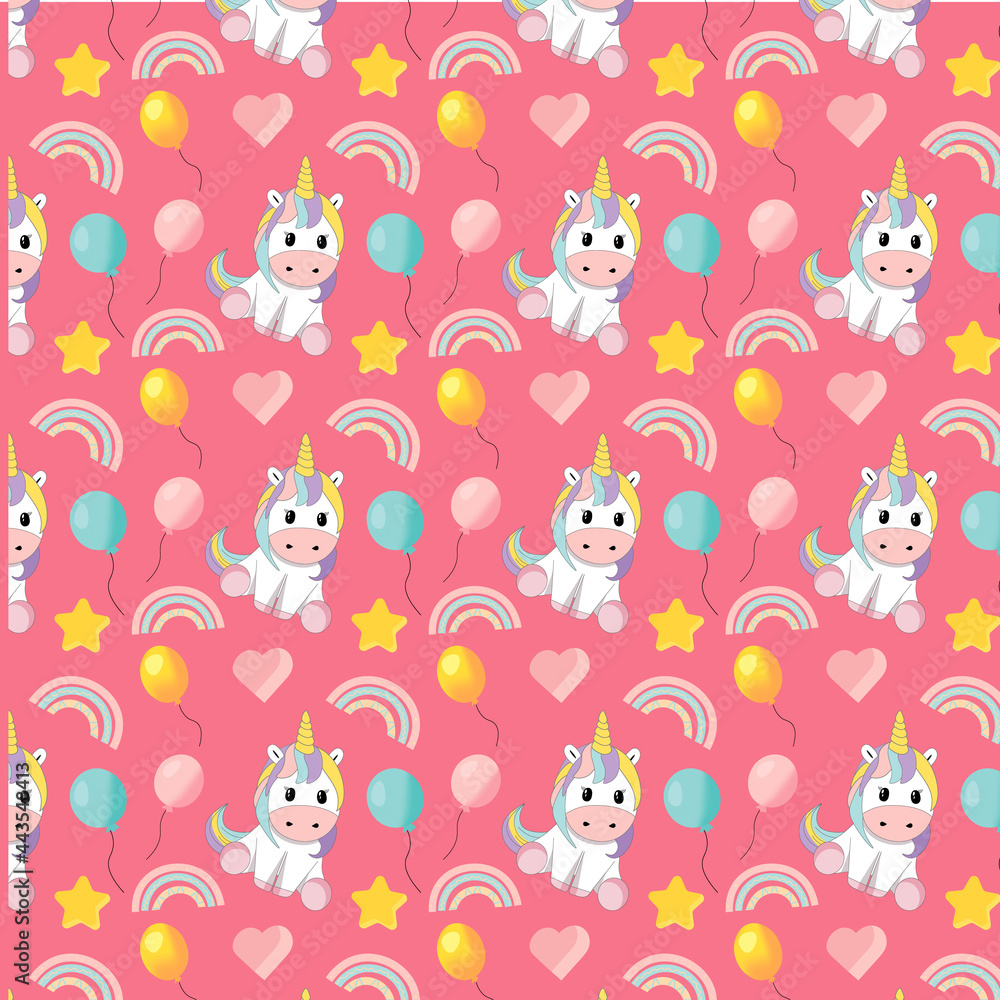 Fototapeta premium Cute unicorn baby, cheerful holiday invitation, print on clothes pink