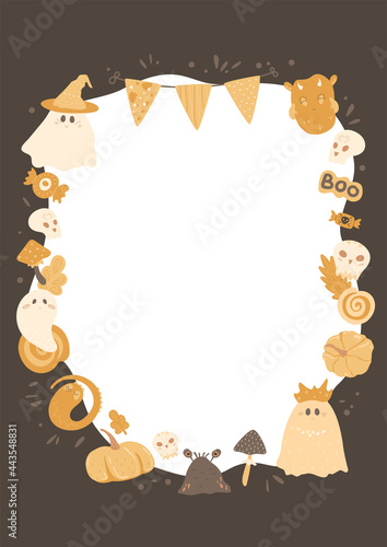 Frame with Halloween elements. Border for holiday photos, invitations, cards with decorative flags, ghosts, fictional creatures, autumn leaves. Template with copy space for kids party. © Marina
