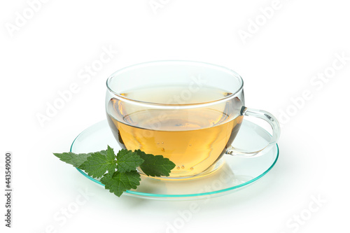 Cup of nettle tea isolated on white background