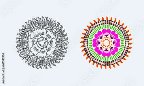 Outline and colored mandala design