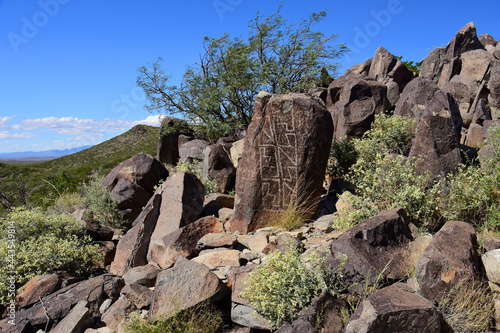 the ancient native american petroglyphs on a sunny fall day at three rivers petroglyph site, near tularosa, new mexico