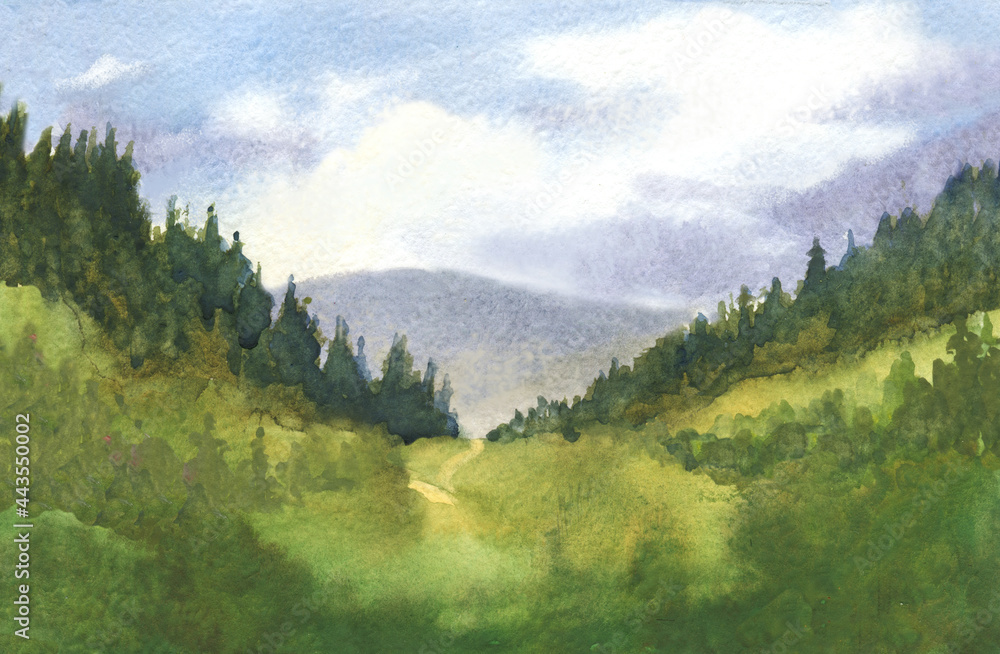 Obraz akwarela krajobraz streszczenie tło z świerków na wzgórzach i zielonej trawie. ręcznie rysowane ilustracja