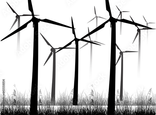 wind power generators in grass silhouettes isolated on white