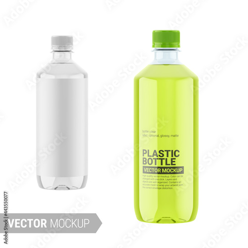 Transparent glossy plastic bottle mockup. Vector illustration.