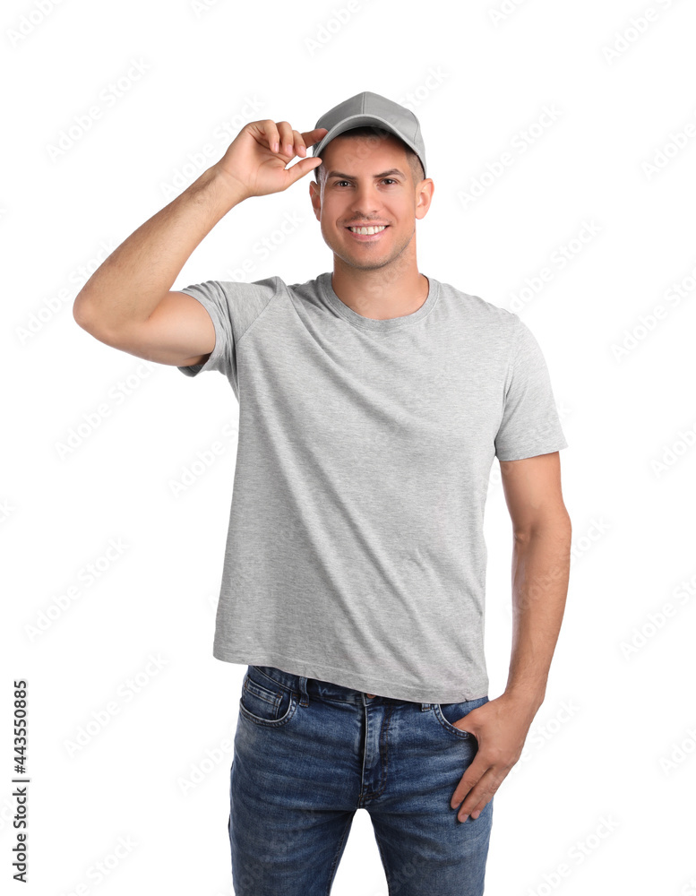 Happy man in grey cap and tshirt on white background. Mockup for design Happy man in grey cap and tshirt on white background. Mockup for design